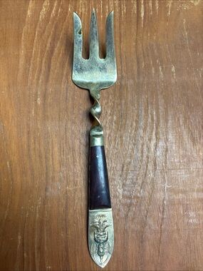 Vintage Siam Thailand Twisted Serving Fork Silverware Brass Wood Handle Flatware